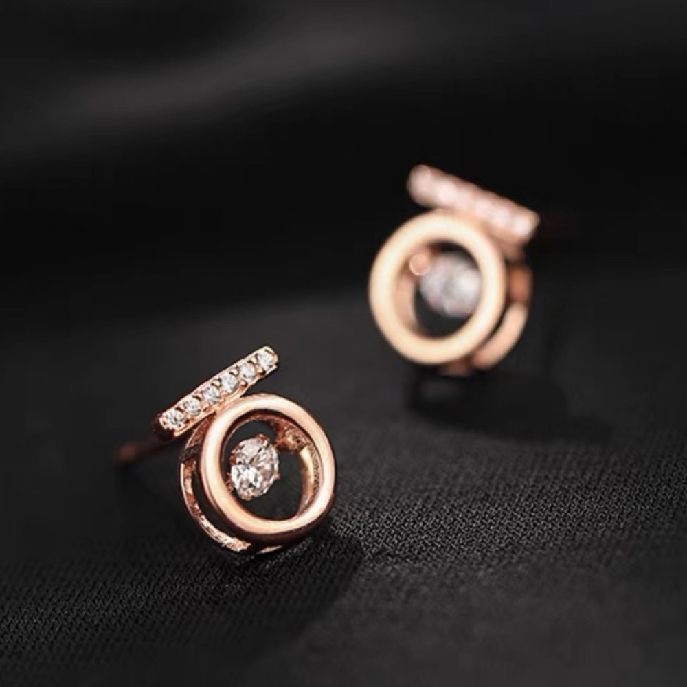 Sterling silver Rose Gold Zircon Geometric Round Studs - Picture 1 of 7